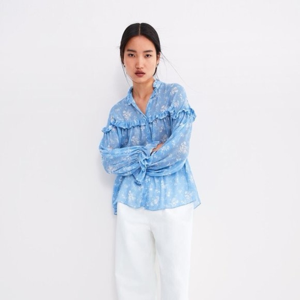 Zara Blue Floral Ruffle Button Front Blouse Size S - Picture 16 of 16